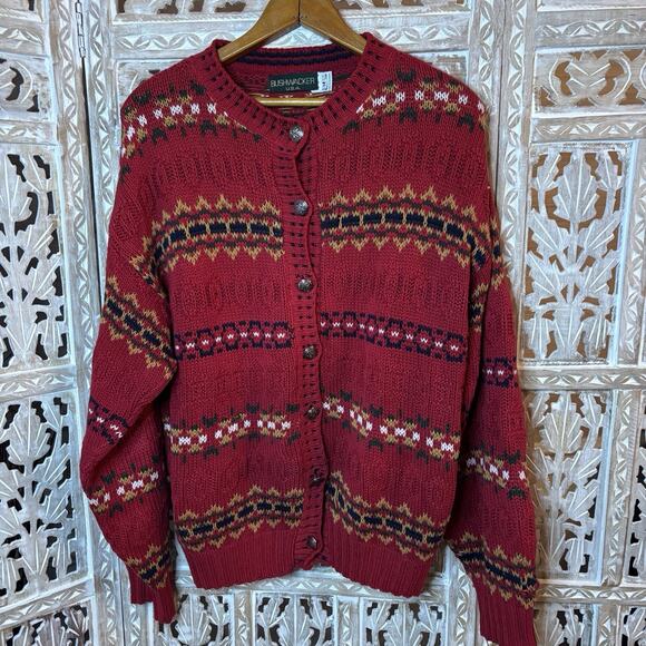 Vintage Bushwacker Women’s Red Fair Isle Sweater 100% Cotton Women’s Size Medium - Picture 1 of 10